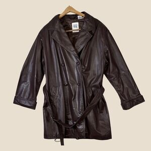 Together! Vintage Brown Leather Trench Coat Double Breasted Belted Jacket XL